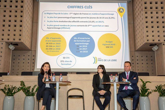 Plénière sur l'apprentissage dans l'hémicylce, Christelle Morançais, présidente du Conseil régional des Pays de la Loire présente au micro les chiffres clés