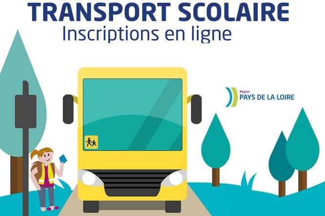 dessin d'un car de transport scolaire, avec des arbres en bord de route et une petite fille à l'arrêt de bus