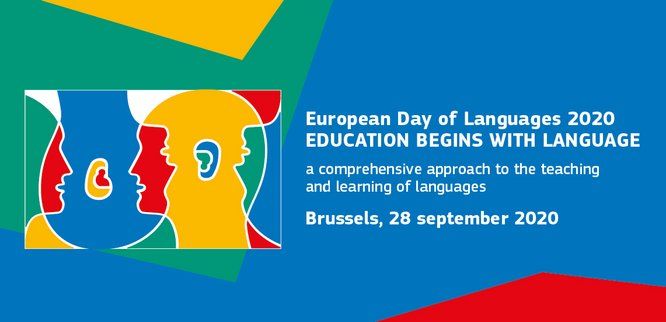 Image + texte : Logo de la journée européenne des  : dessin de deux personnes se parlant + texte en anglais : European Day of Languages 2020 - Education begins with language